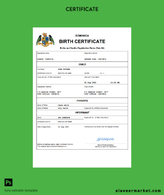 Dominica vital record birth Sertifika Word and PDF Şablon