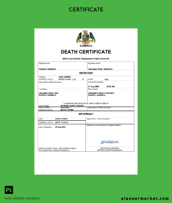 Dominica vital record death Sertifika Word and PDF Şablon