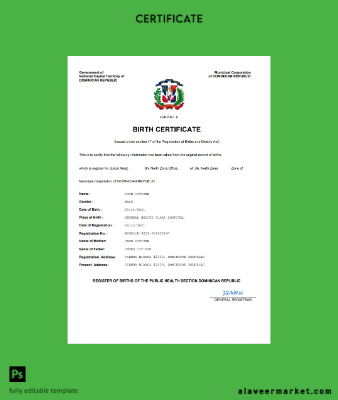 Dominican Republic birth Sertifika Word and PDF Şablon