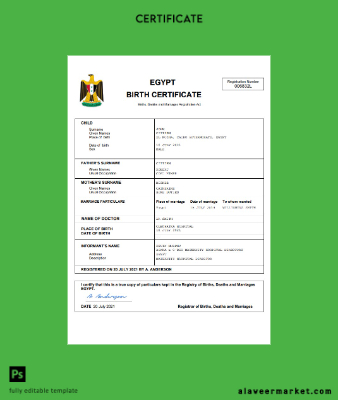 Mısır birth Sertifika Word and PDF Şablon