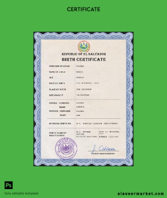 El Salvador vital record birth Sertifika PSD Şablon