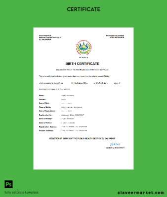El Salvador vital record birth Sertifika Word and PDF Şablon
