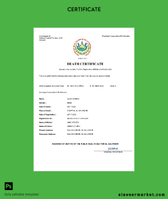 El Salvador vital record death Sertifika Word and PDF Şablon