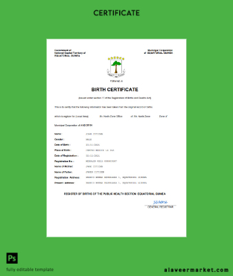 Equatorial Guinea birth Sertifika Word and PDF Şablon