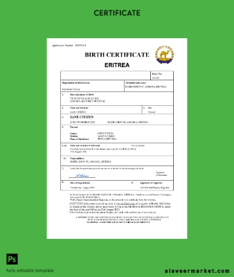 Eritrea vital record birth Sertifika Word and PDF Şablon
