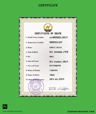 Eritrea vital record death Sertifika PSD Şablon