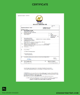 Eritrea vital record death Sertifika Word and PDF Şablon