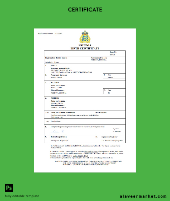 Estonya vital record birth Sertifika Word and PDF Şablon