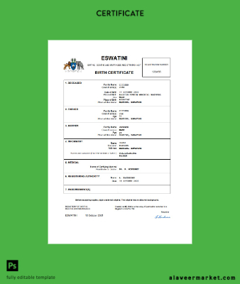 Eswatini birth Sertifika Word and PDF Şablon