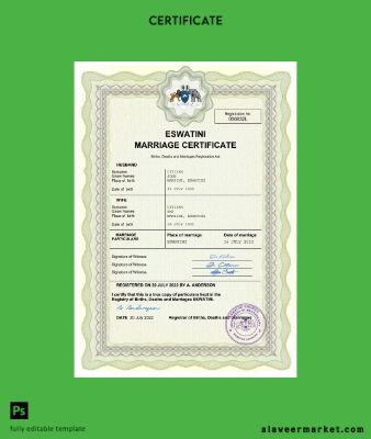 Eswatini marriage Sertifika Word and PDF Şablon