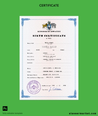 Eswatini vital record birth Sertifika PSD Şablon