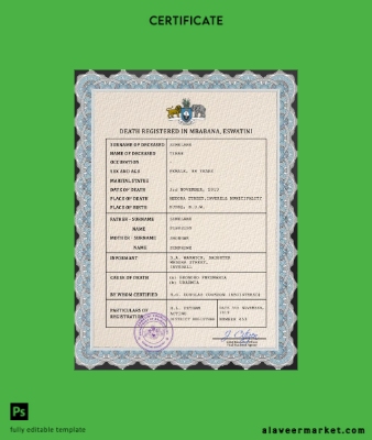 Eswatini vital record death Sertifika PSD Şablon