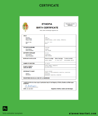 Etiyopya vital record birth Sertifika Word and PDF Şablon