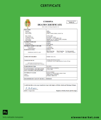 Etiyopya vital record death Sertifika Word and PDF Şablon