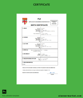 Fiji birth Sertifika Word and PDF Şablon