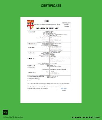 Fiji vital record death Sertifika Word and PDF Şablon