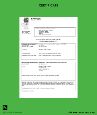 Fransa INSEE registration Sertifika Word and PDF Şablon