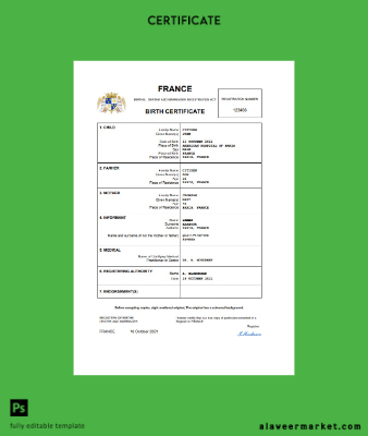 Fransa birth Sertifika Word and PDF Şablon