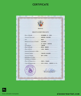 Fransa vital record death Sertifika PSD Şablon