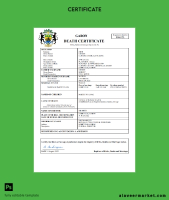 Gabon death Sertifika Word and PDF Şablon
