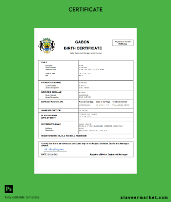 Gabon vital record birth Sertifika Word and PDF Şablon