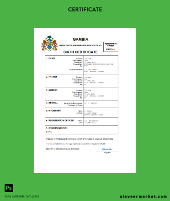 Gambia birth Sertifika Word and PDF Şablon