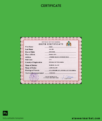 Gambia vital record birth Sertifika PSD Şablon