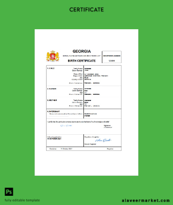 Gürcistan vital record birth Sertifika Word and PDF Şablon