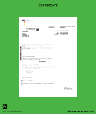 Almanya Bundeszentralamt für Steuem Sertifika Word and PDF Şablon