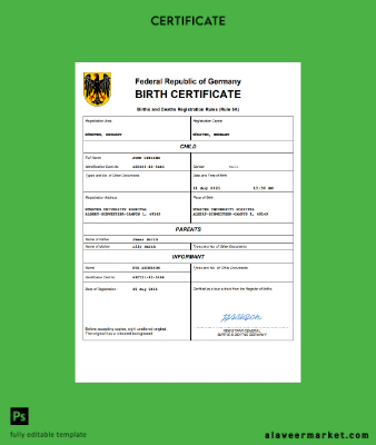 Almanya birth Sertifika Word and PDF Şablon