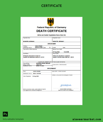 Almanya death Sertifika Word and PDF Şablon