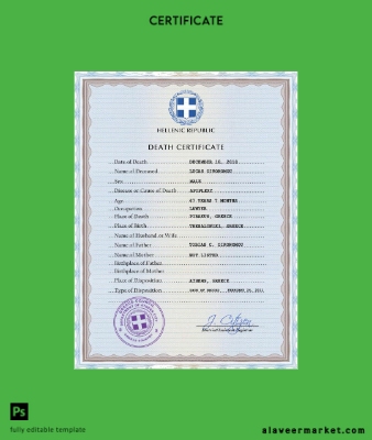 Yunanistan vital record death Sertifika PSD Şablon