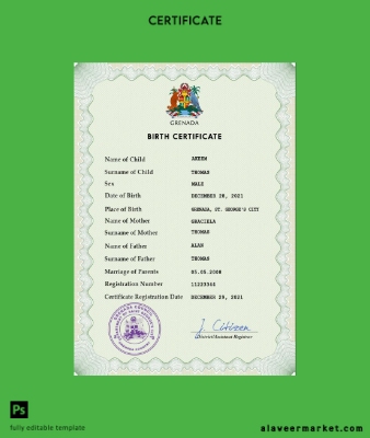 Grenada vital record birth Sertifika PSD Şablon