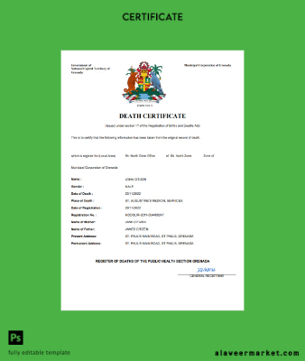 Grenada vital record death Sertifika Word and PDF Şablon