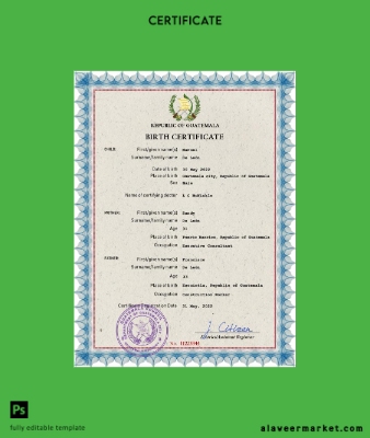Guatemala vital record birth Sertifika PSD Şablon
