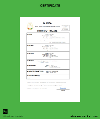 Guinea vital record birth Sertifika Word and PDF Şablon