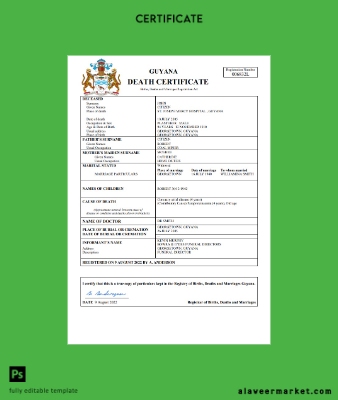 Guyana death Sertifika Word and PDF Şablon