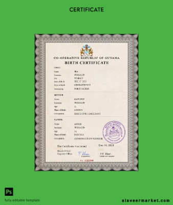 Guyana vital record birth Sertifika PSD Şablon
