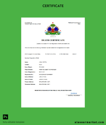 Haiti death Sertifika Word and PDF Şablon