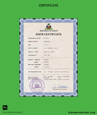 Haiti vital record birth Sertifika PSD Şablon