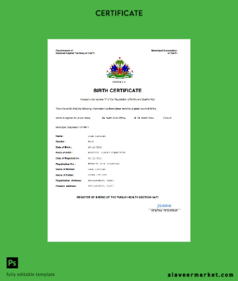Haiti vital record birth Sertifika Word and PDF Şablon