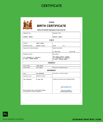 Hawaii birth Sertifika Word and PDF Şablon