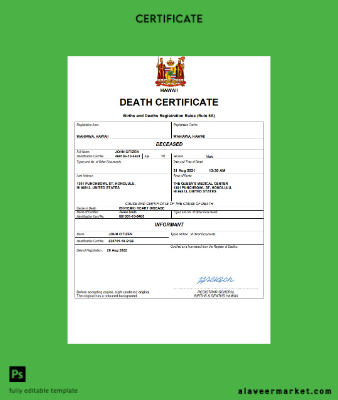 Hawaii death Sertifika Word and PDF Şablon