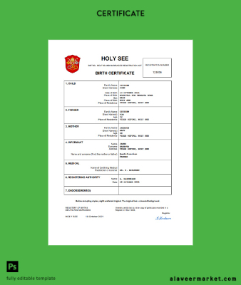 Holy See vital record birth Sertifika Word and PDF Şablon