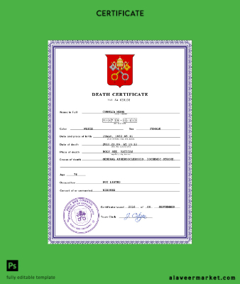 Holy See vital record death Sertifika PSD Şablon