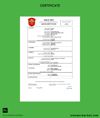 Holy See vital record death Sertifika Word and PDF Şablon