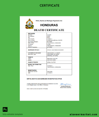 Honduras vital record death Sertifika Word and PDF Şablon