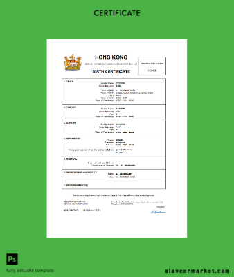 Hong Kong birth Sertifika Word and PDF Şablon