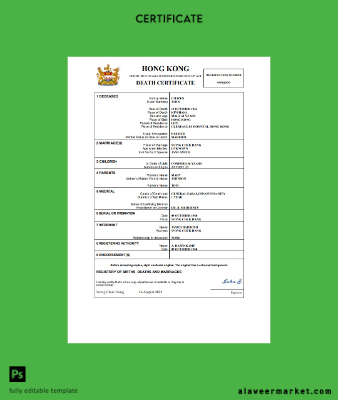 Hong Kong death Sertifika Word and PDF Şablon