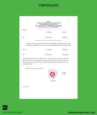 Hong Kong divorce Sertifika Şablon in Word and PDF format FREE